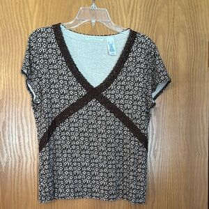 Brown Geometric Patterned Lace Trimmed Women's Top